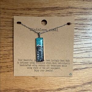 Turquoise and Silver Mountain Rectangle Pendant Necklace